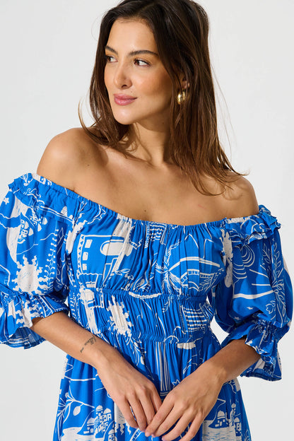 Truly Midi Dress In Blue With White Print