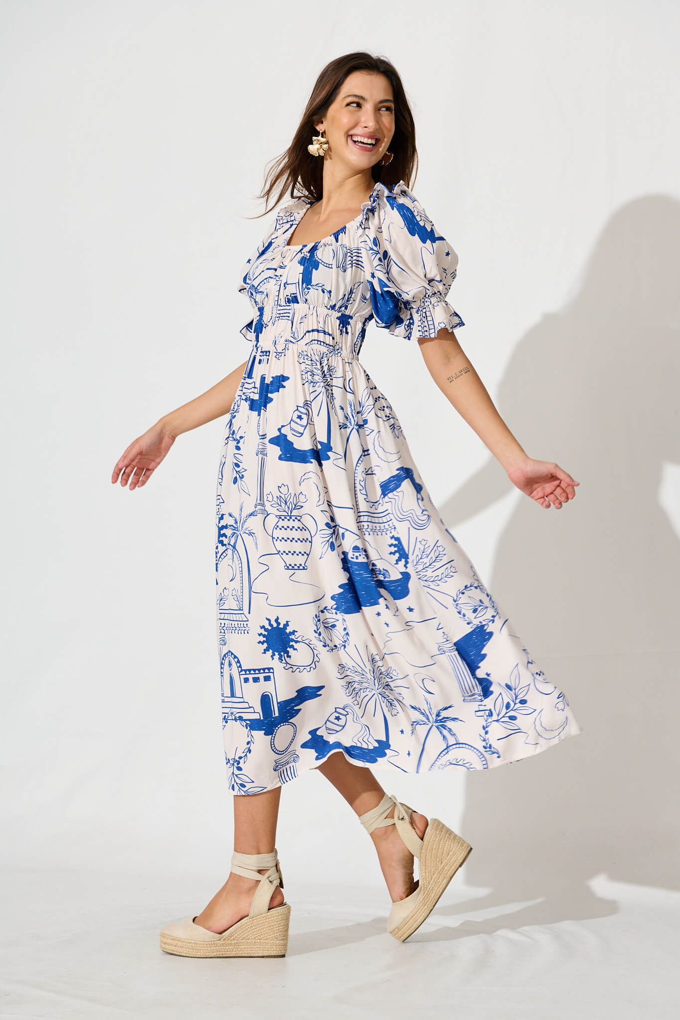 Truly Midi Dress In White With Blue Print