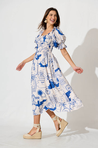 Truly Midi Dress In White With Blue Print