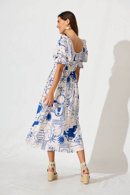 Truly Midi Dress In White With Blue Print