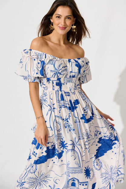 Truly Midi Dress In White With Blue Print