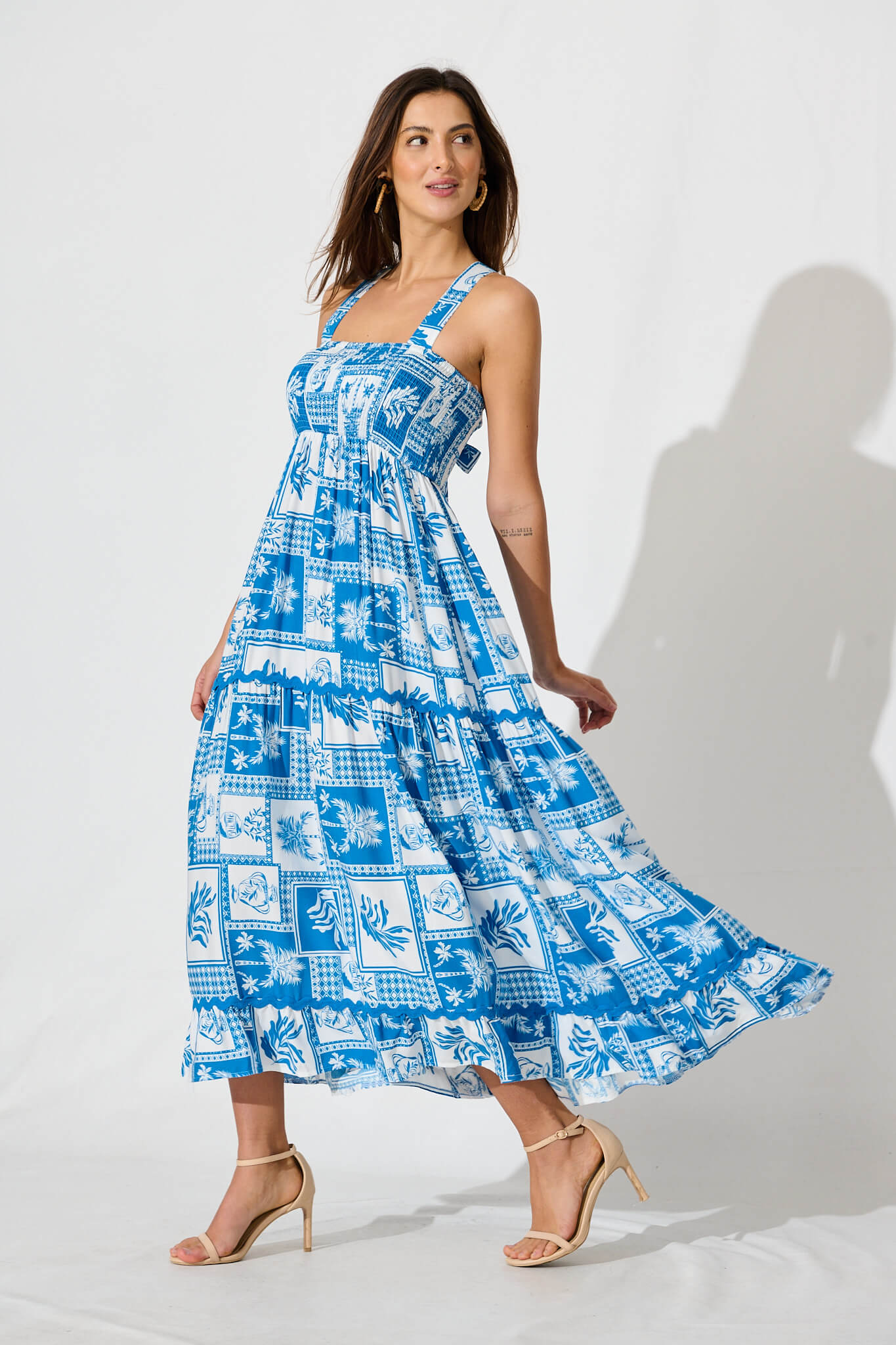 First Kiss Maxi Sundress In Blue Tile With Ric Rac Trim