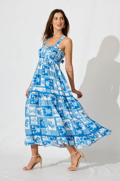 First Kiss Maxi Sundress In Blue Tile With Ric Rac Trim