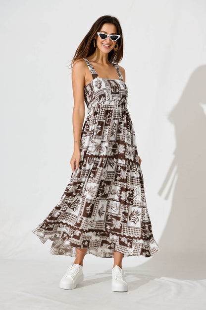 First Kiss Maxi Sundress In Chocolate Tile With Ric Rac Trim