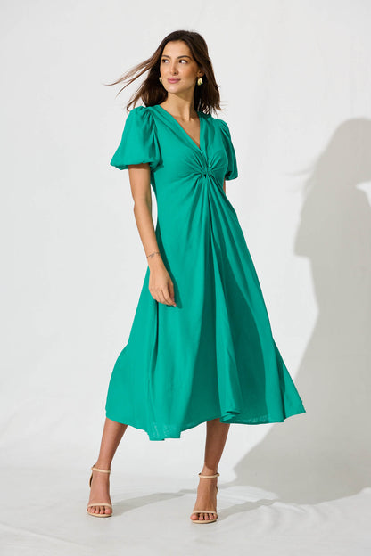 Hilde Midi Dress In Green Linen Blend