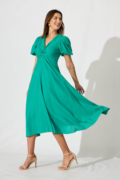 Hilde Midi Dress In Green Linen Blend