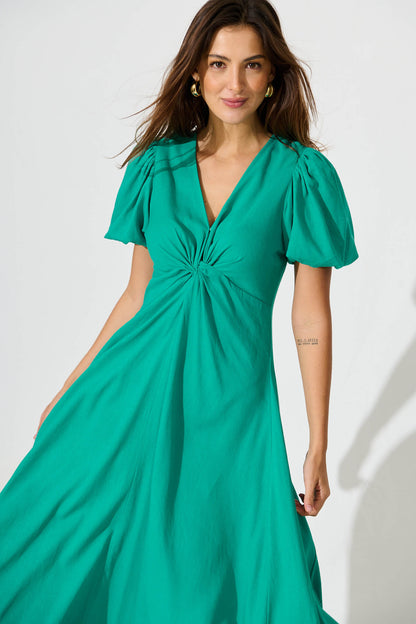 Hilde Midi Dress In Green Linen Blend