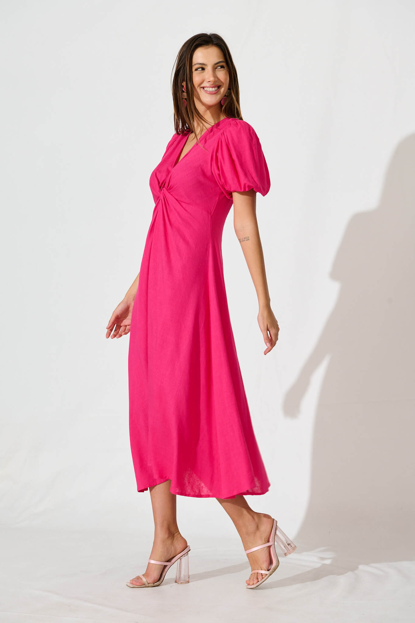 Hilde Midi Dress In Hot Pink Linen Blend