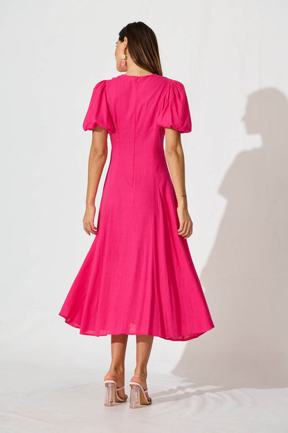 Hilde Midi Dress In Hot Pink Linen Blend