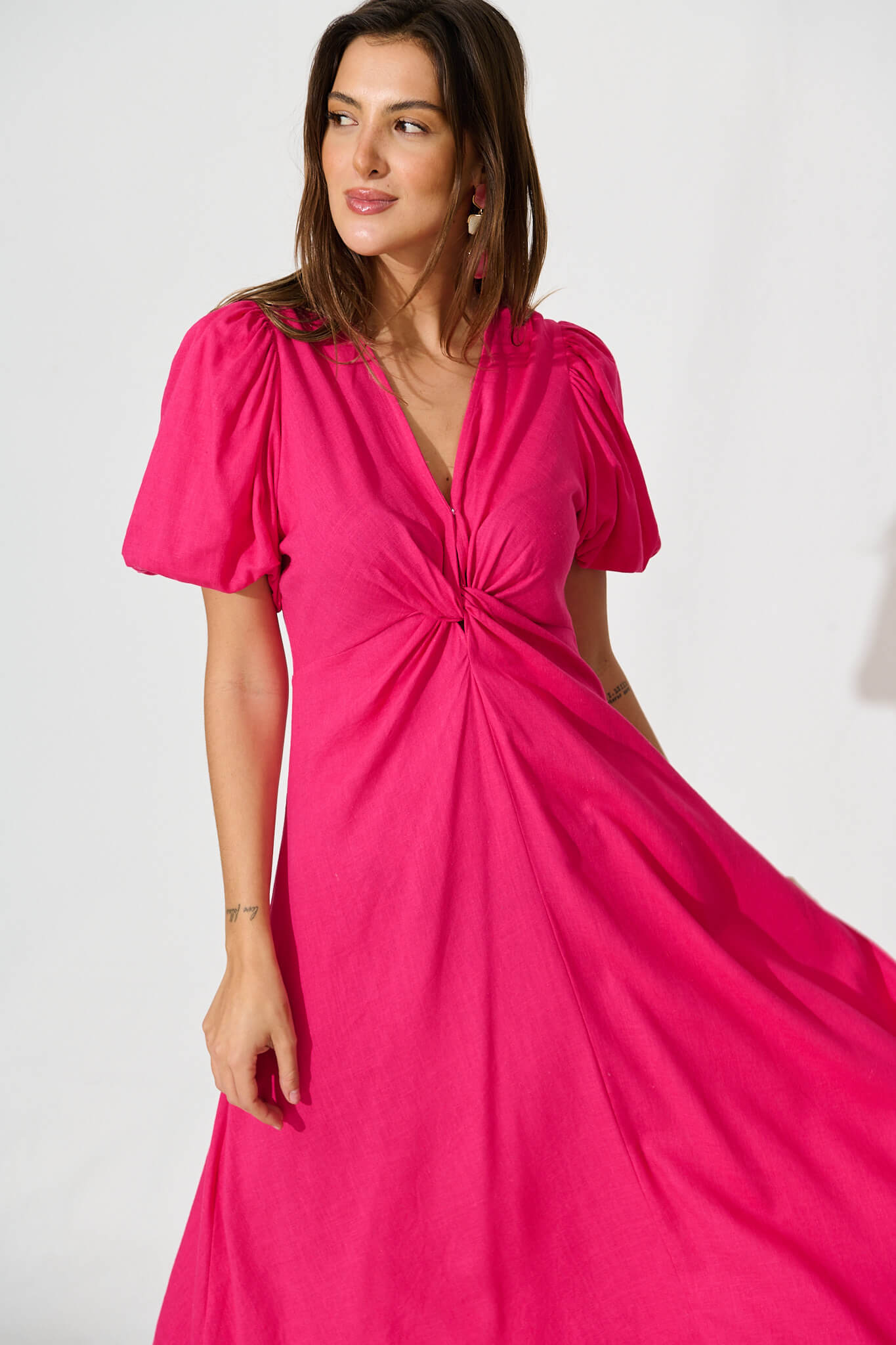 Hilde Midi Dress In Hot Pink Linen Blend