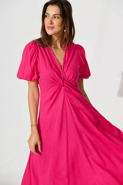 Hilde Midi Dress In Hot Pink Linen Blend