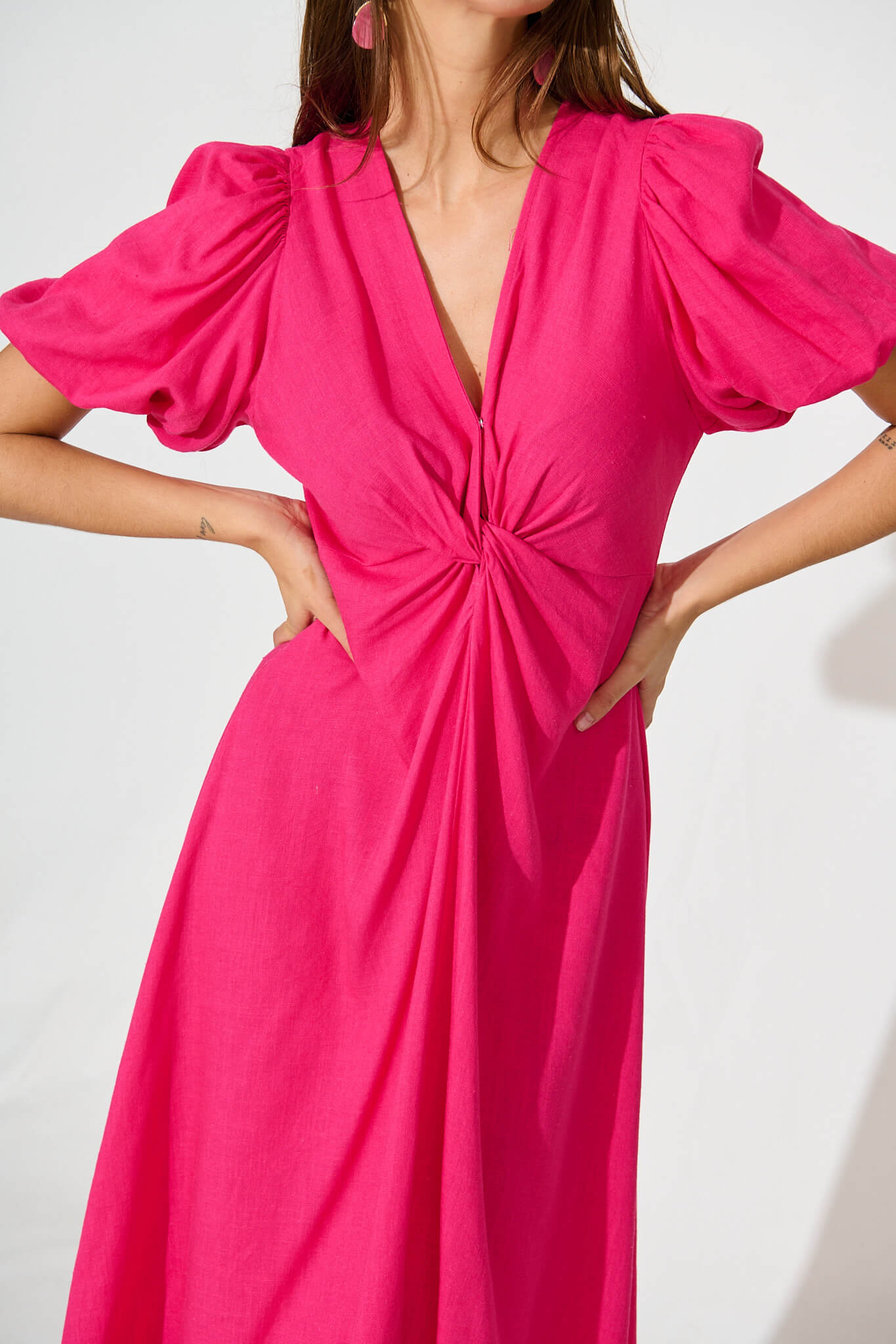 Hilde Midi Dress In Hot Pink Linen Blend