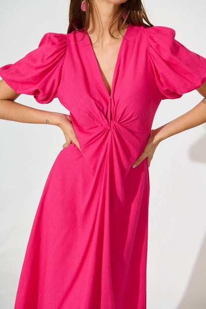 Hilde Midi Dress In Hot Pink Linen Blend