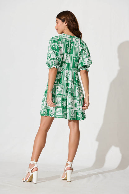 Santanna Smock Dress In Green Tile Print