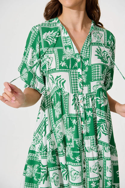 Santanna Smock Dress In Green Tile Print