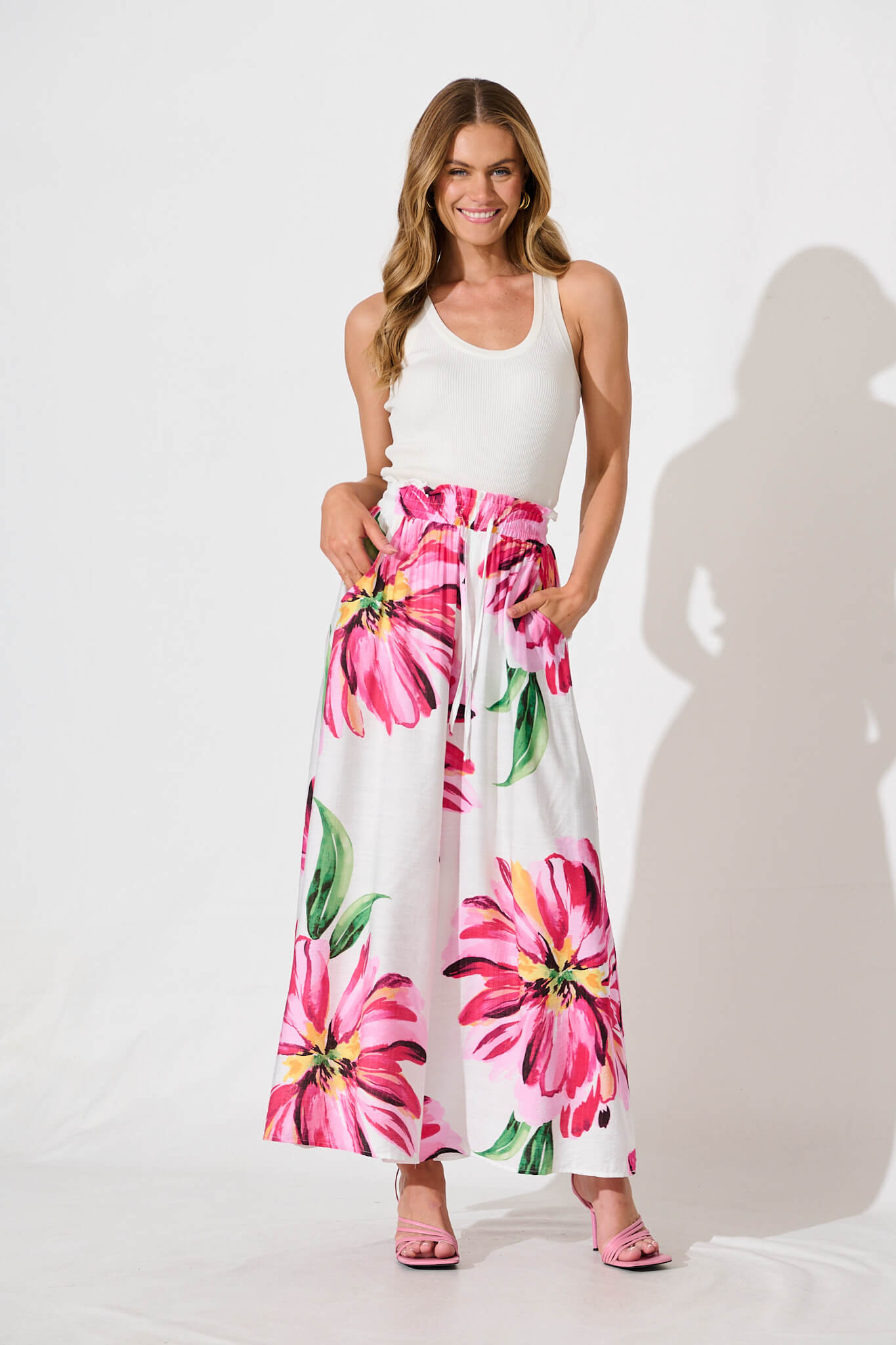 Mariah Pant In White With Pink Floral