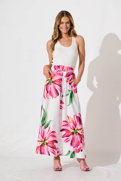 Mariah Pant In White With Pink Floral