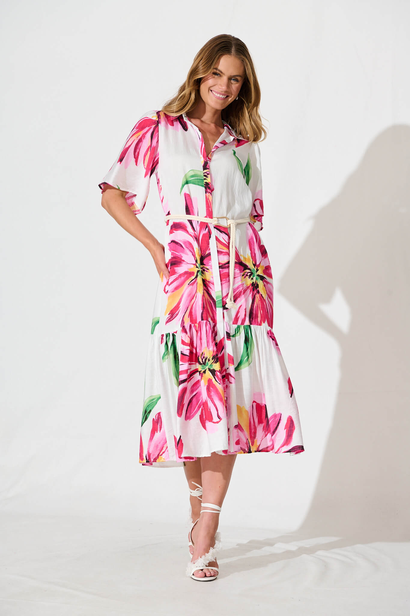 Cera Maxi Shirt Dress In White With Pink Floral