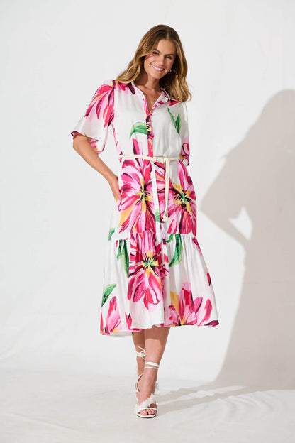 Cera Maxi Shirt Dress In White With Pink Floral