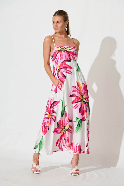 Willa Maxi Sundress In White With Pink Floral
