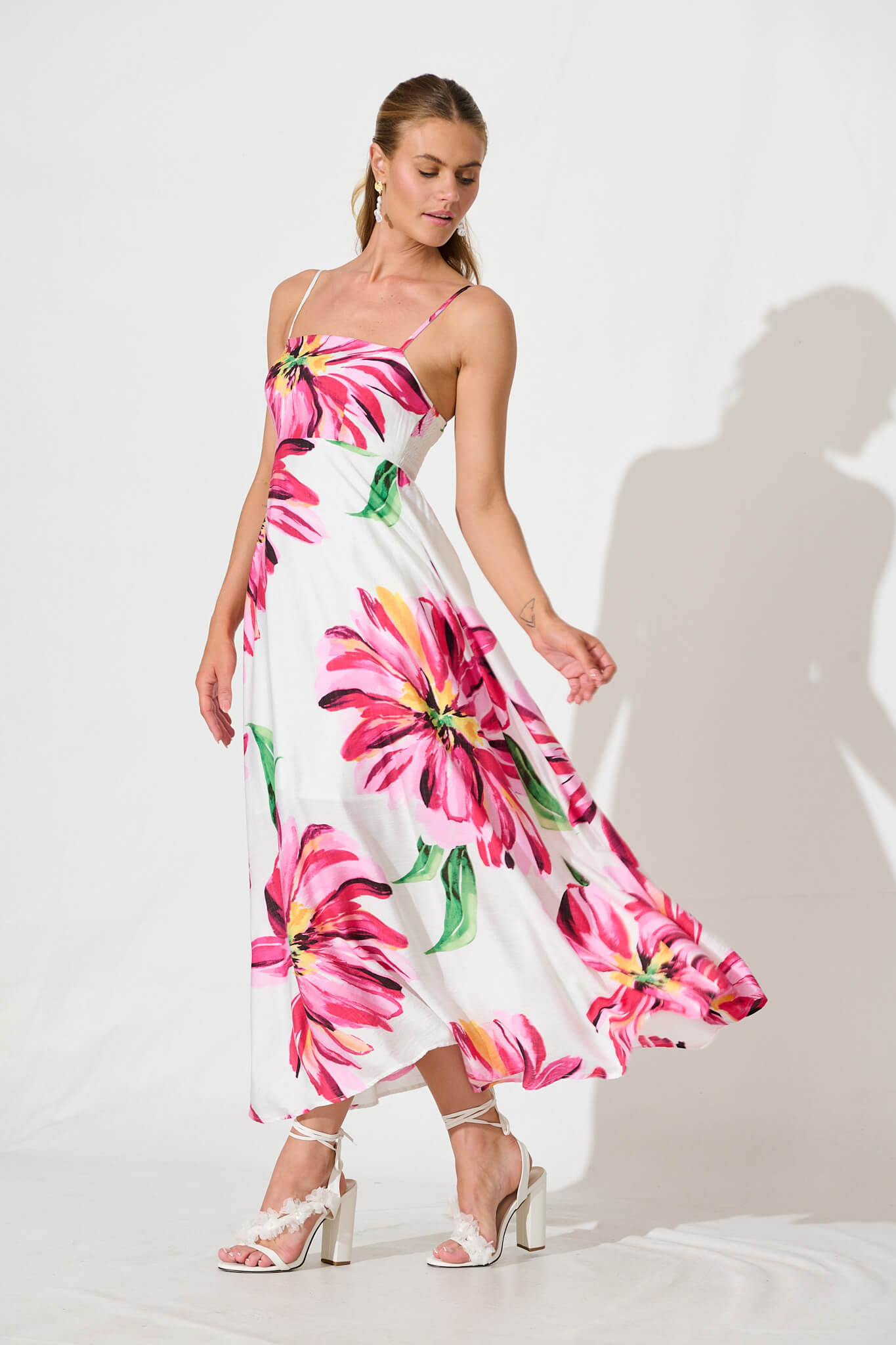 Willa Maxi Sundress In White With Pink Floral