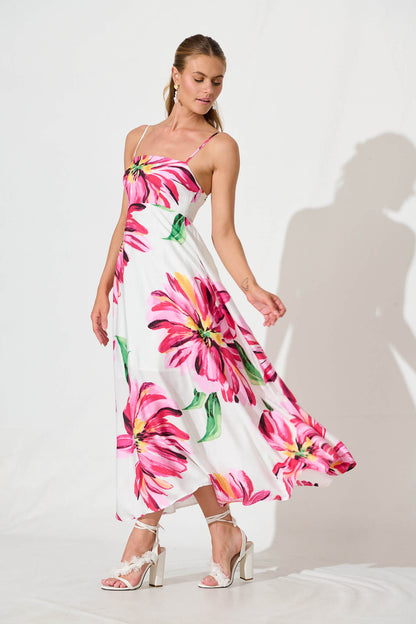 Willa Maxi Sundress In White With Pink Floral