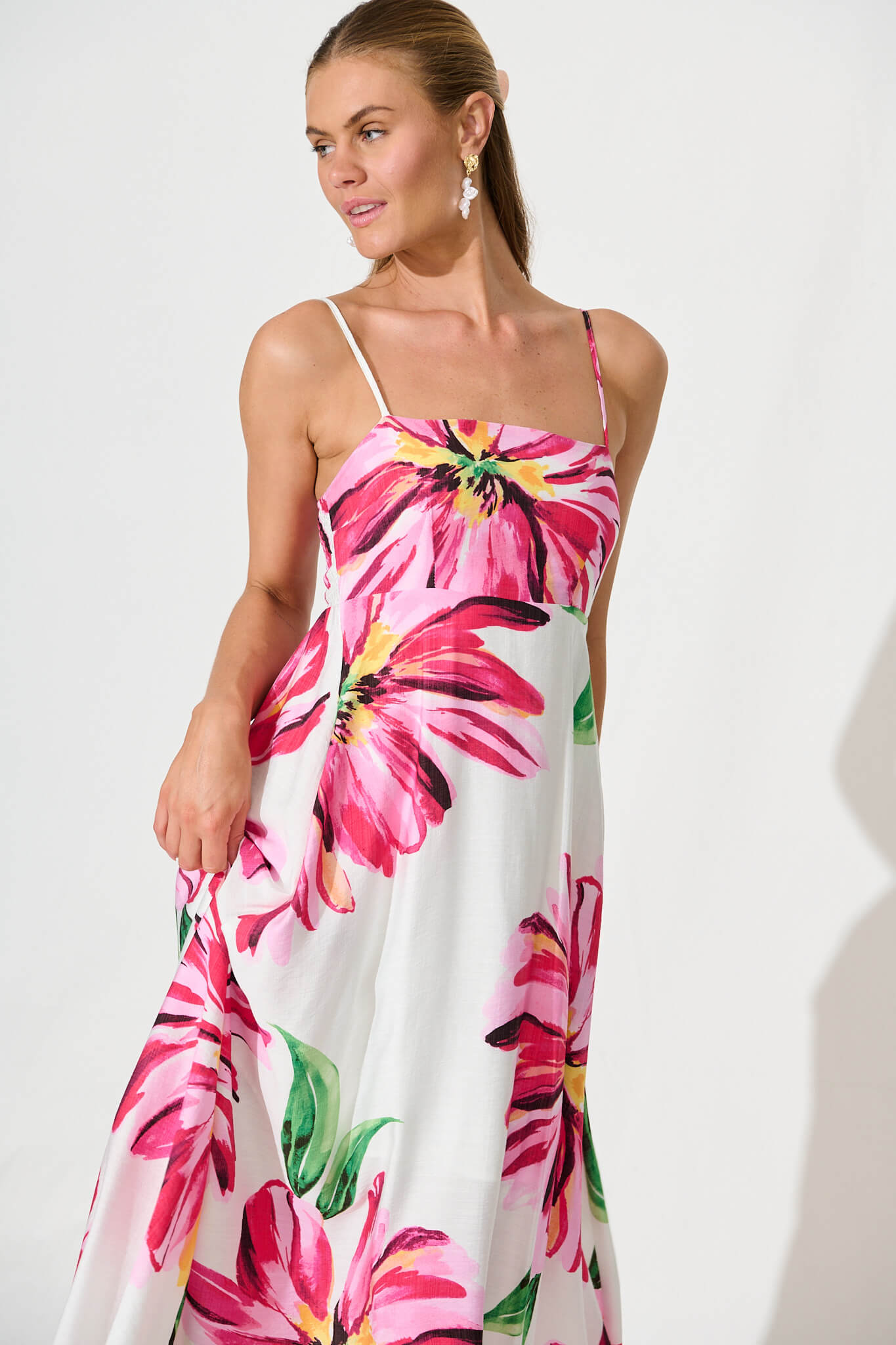 Willa Maxi Sundress In White With Pink Floral