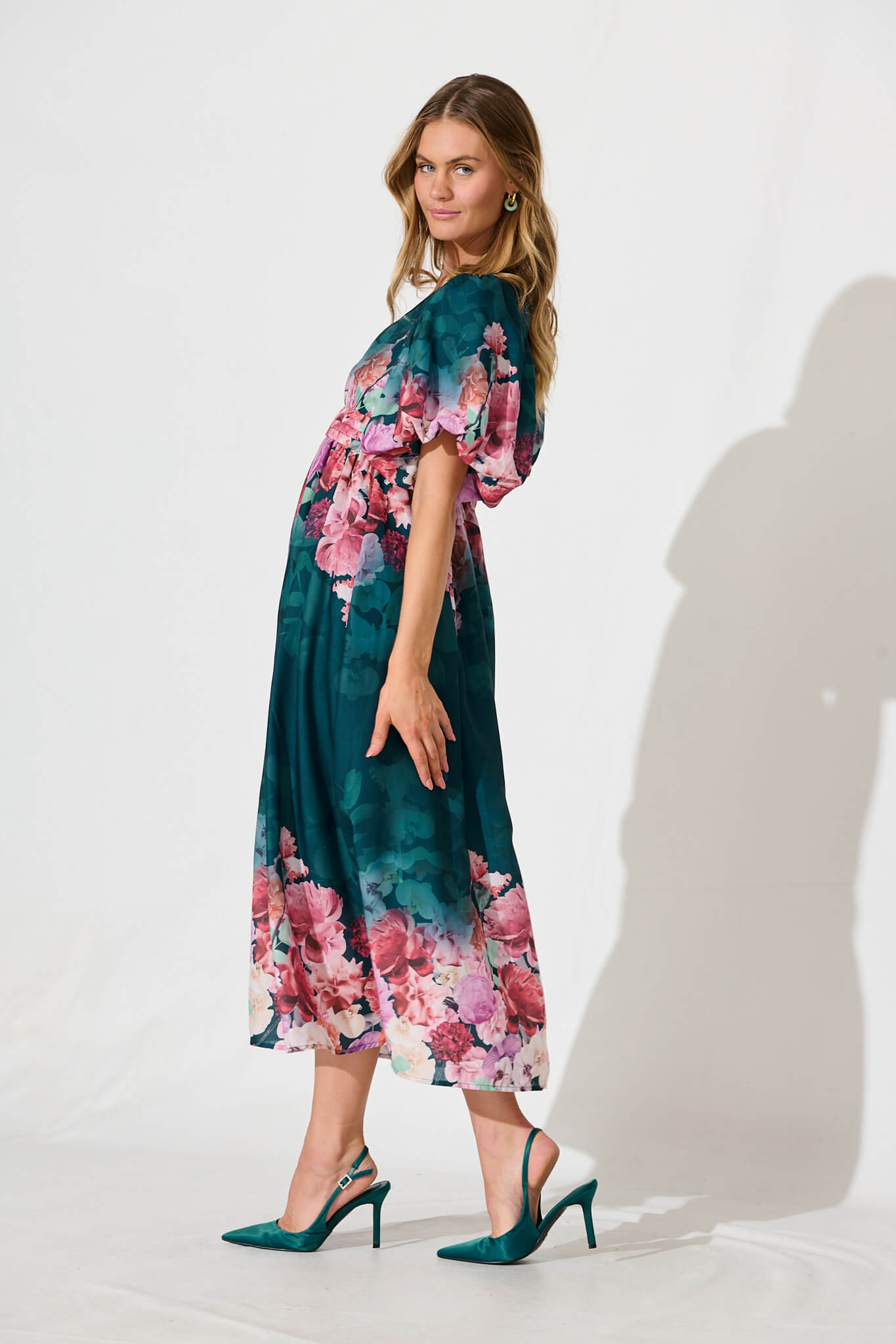 Divine Maxi Dress In Emerald With Pink Multi Floral Print