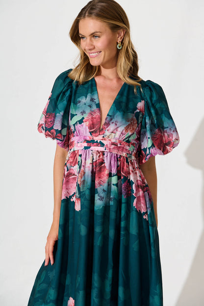Divine Maxi Dress In Emerald With Pink Multi Floral Print