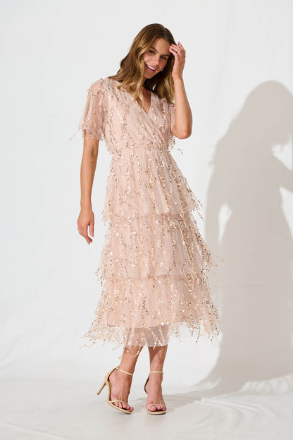 Catalina Midi Dress In Rose Gold Sequin