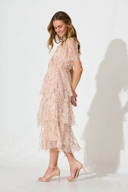 Catalina Midi Dress In Rose Gold Sequin