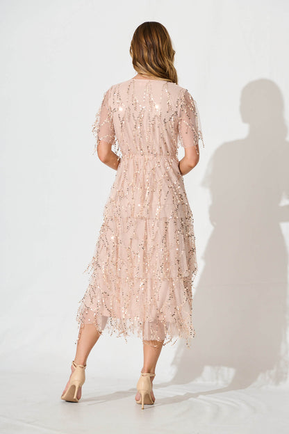 Catalina Midi Dress In Rose Gold Sequin