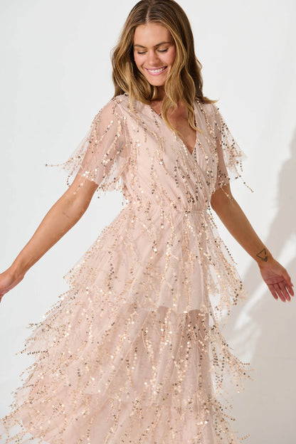 Catalina Midi Dress In Rose Gold Sequin