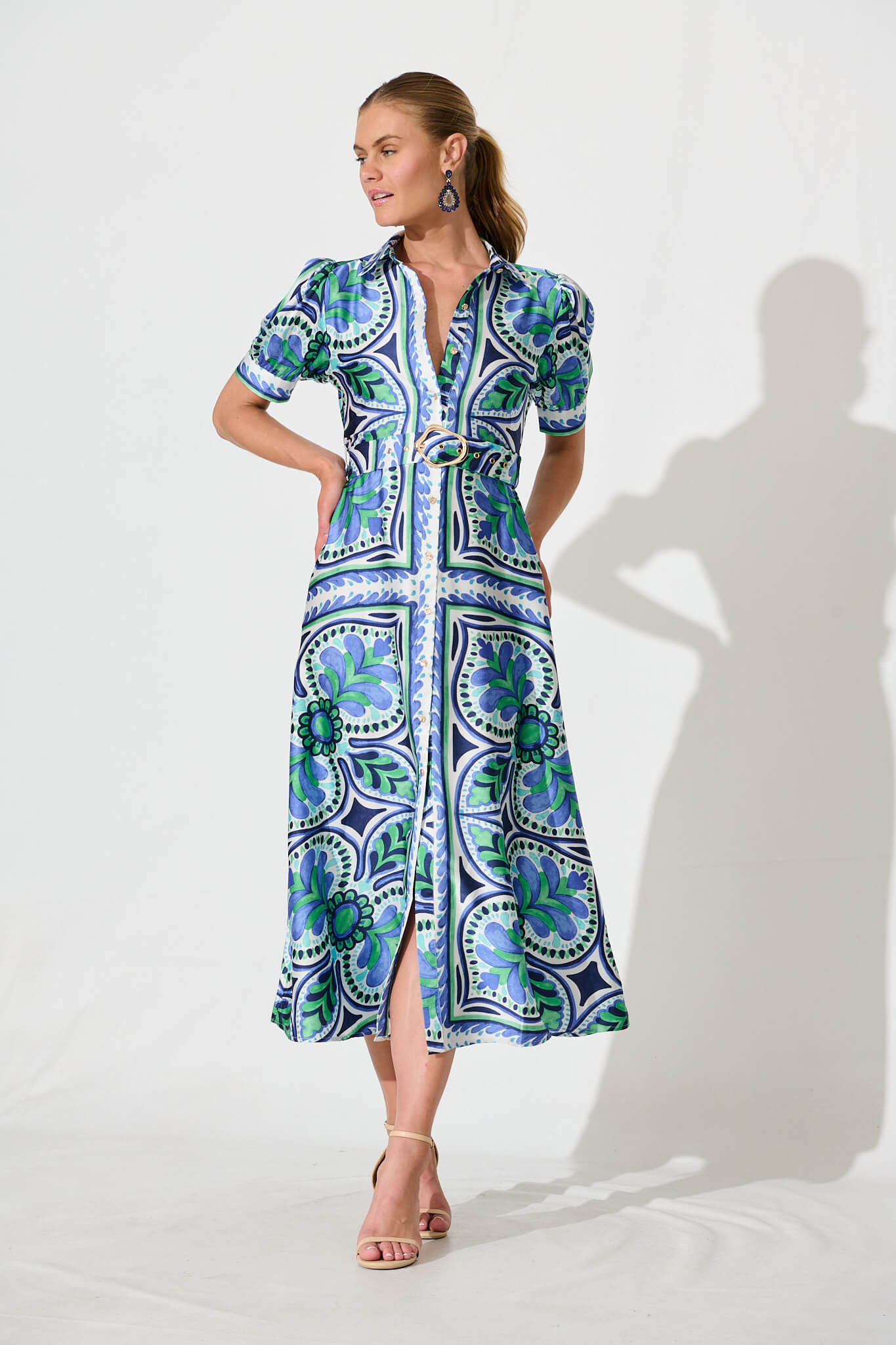 PRE ORDER Halswell Maxi Shirt Dress In Blue And Green Tile Print
