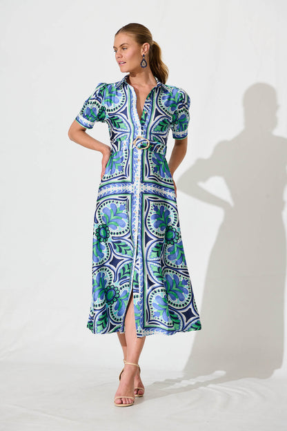 PRE ORDER Halswell Maxi Shirt Dress In Blue And Green Tile Print