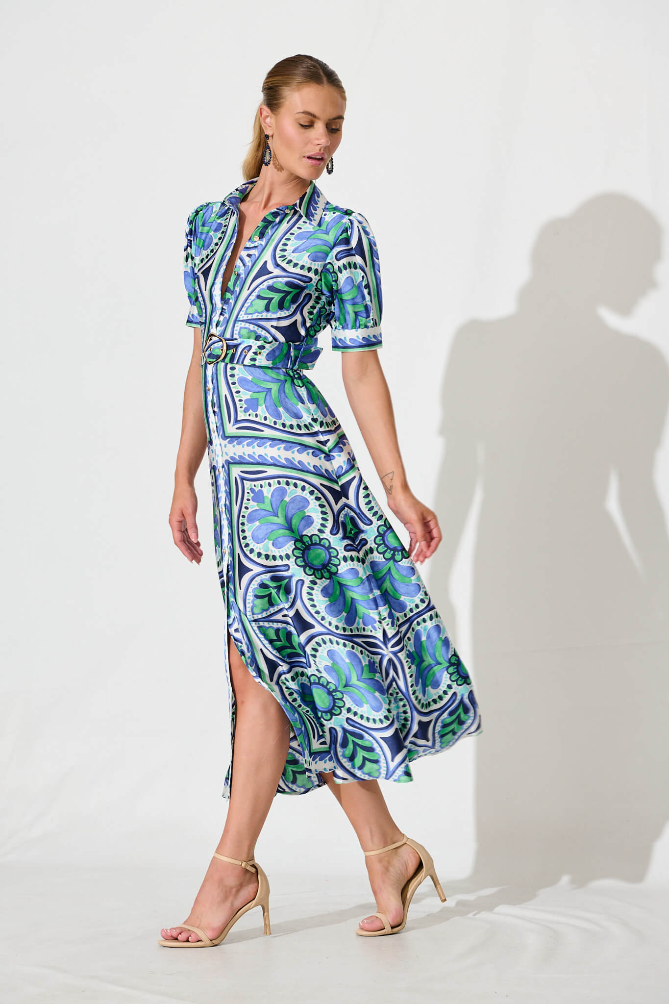 PRE ORDER Halswell Maxi Shirt Dress In Blue And Green Tile Print