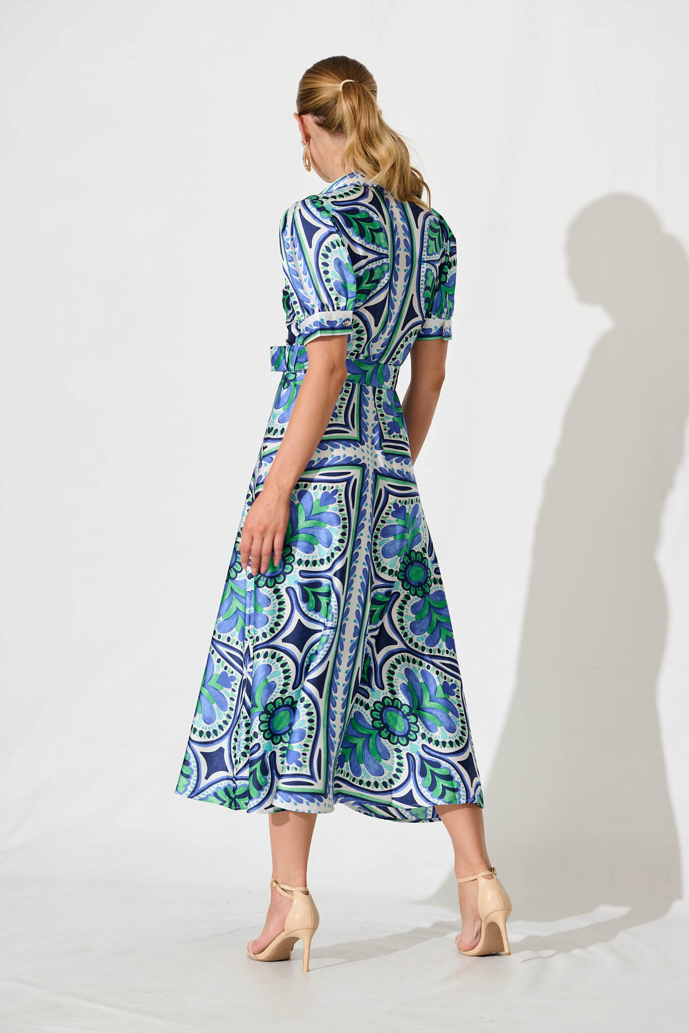 PRE ORDER Halswell Maxi Shirt Dress In Blue And Green Tile Print