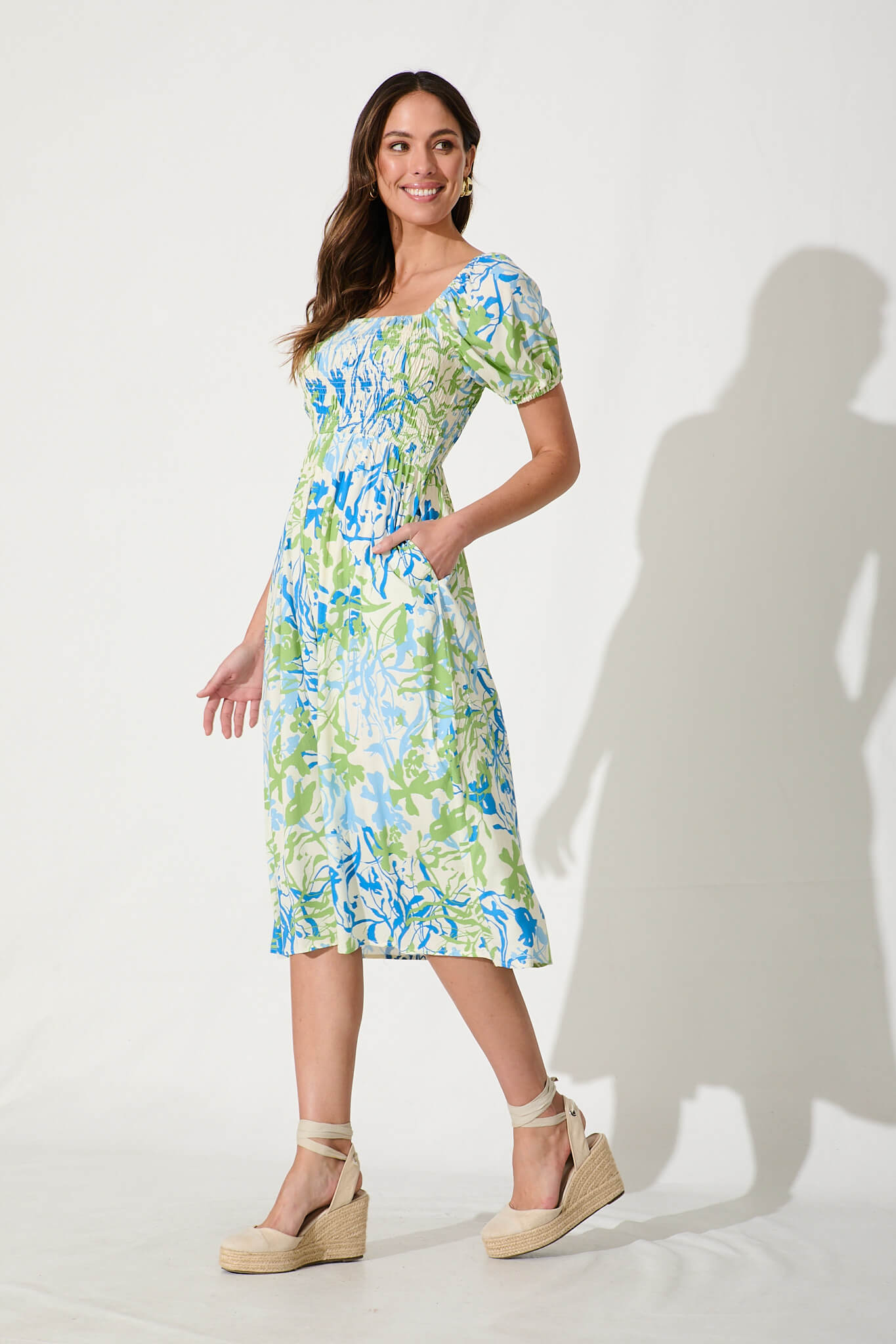 Perry Midi Dress In Blue With Green Print
