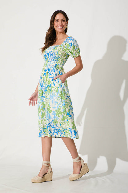 Perry Midi Dress In Blue With Green Print