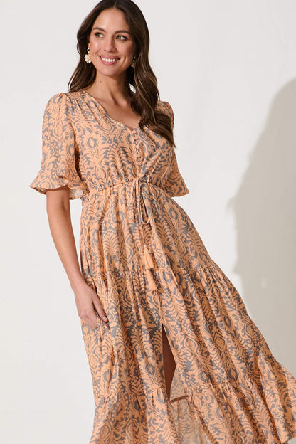 Imara Midi Dress in Orange and Grey Print Cotton Blend