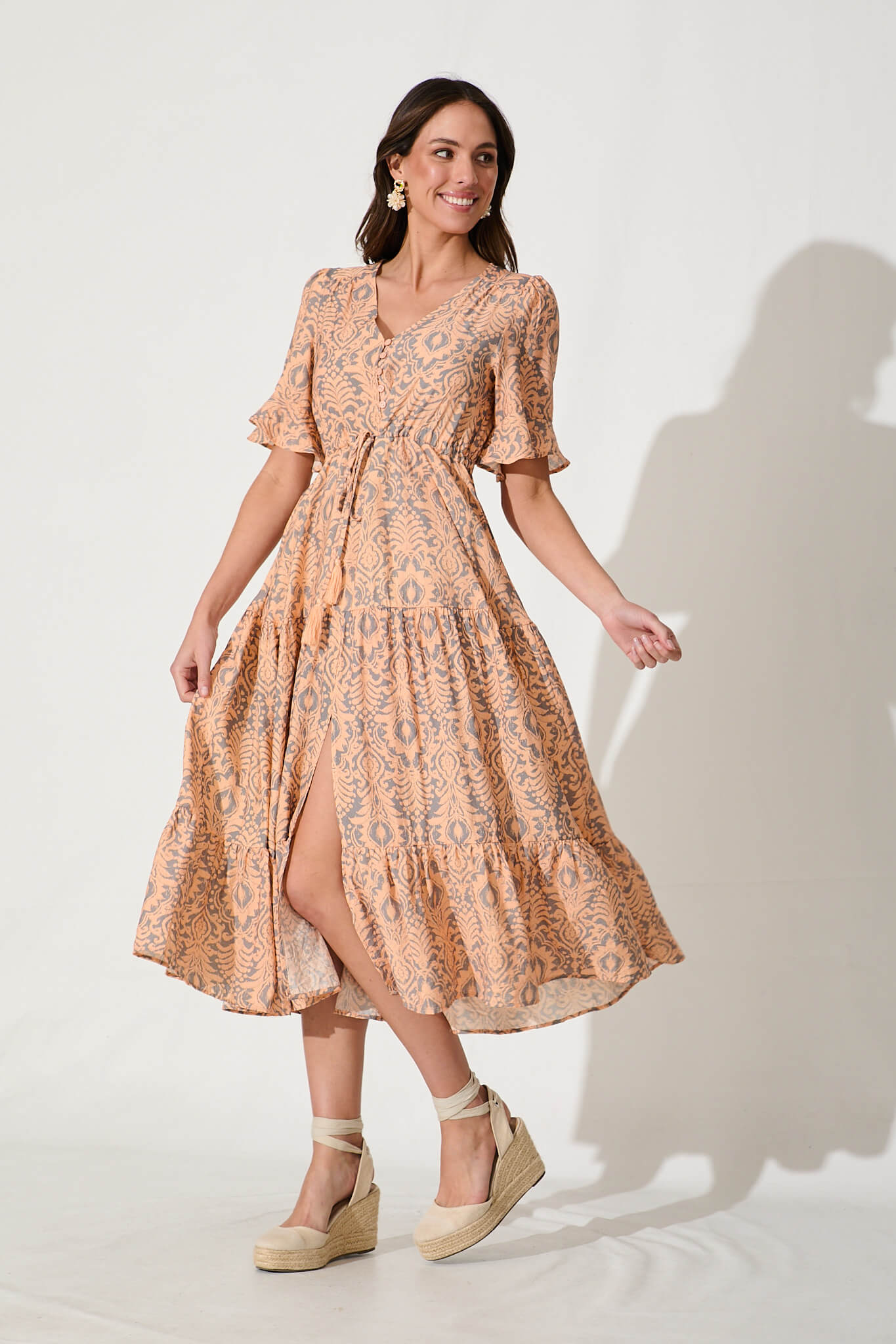 Imara Midi Dress in Orange and Grey Print Cotton Blend