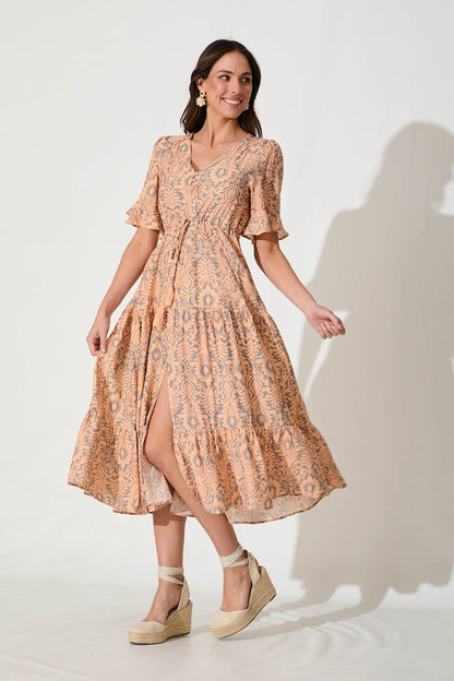 Imara Midi Dress in Orange and Grey Print Cotton Blend