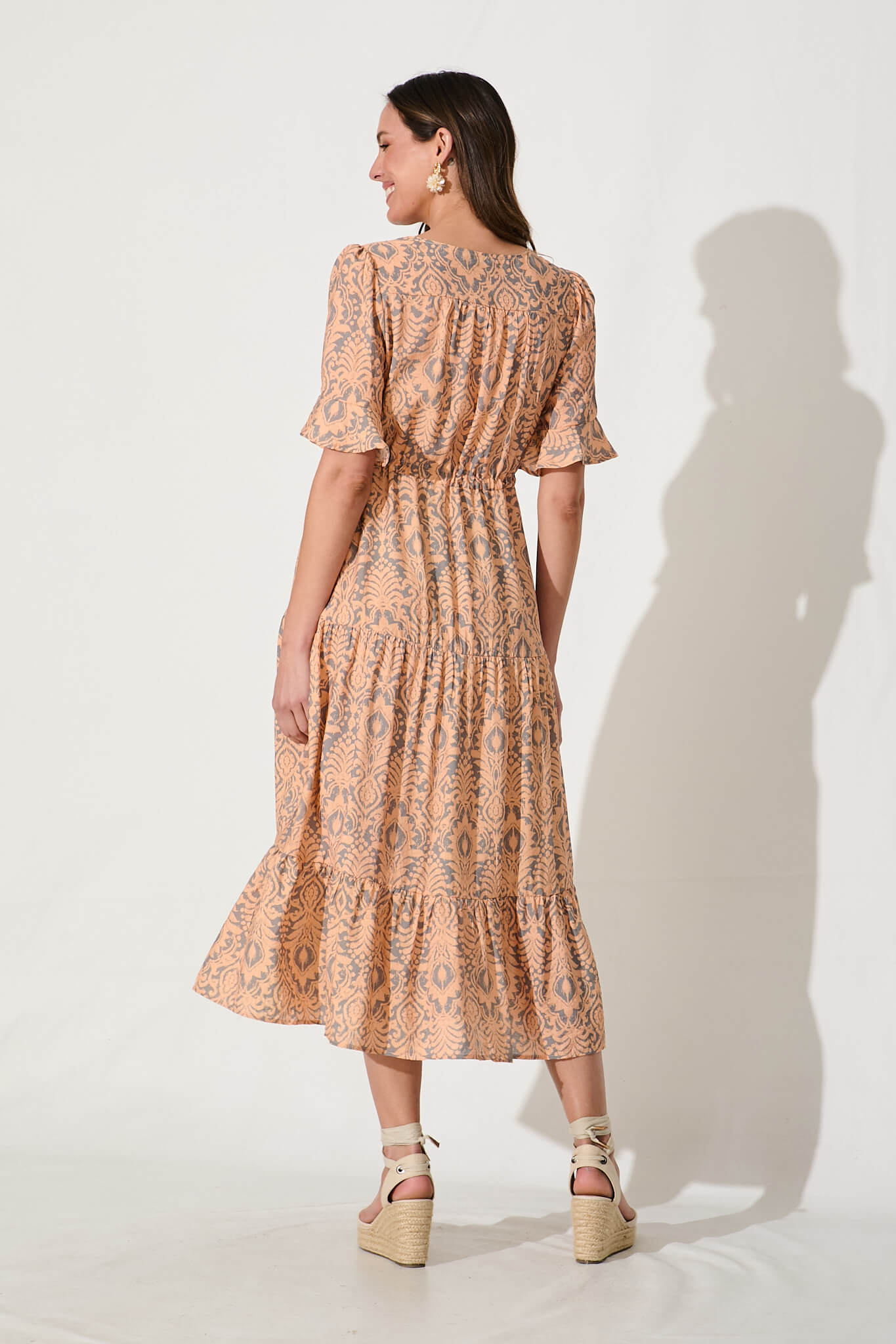 Imara Midi Dress in Orange and Grey Print Cotton Blend