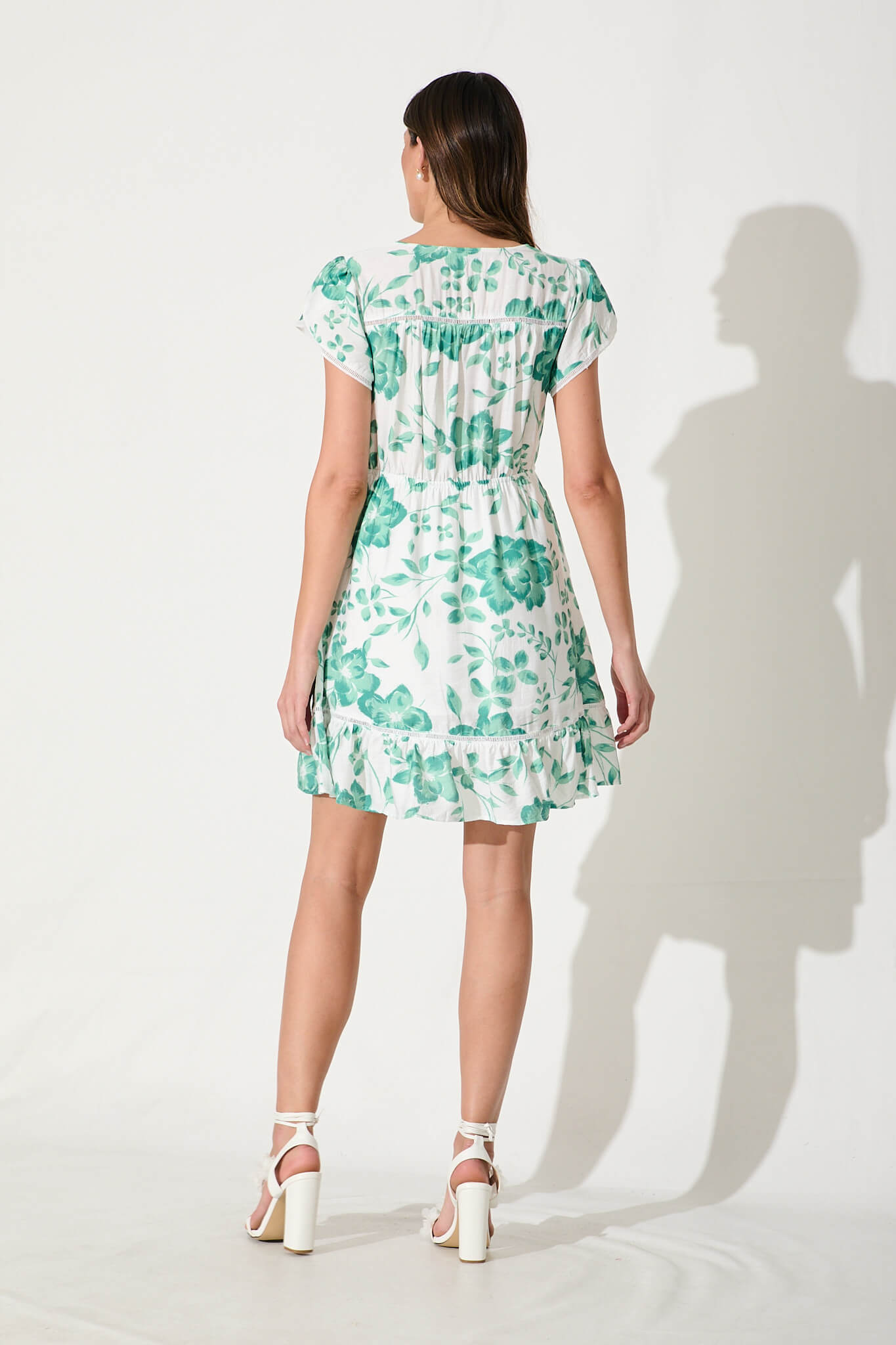 Cleodora Midi Dress in White with Green Floral Cotton Blend