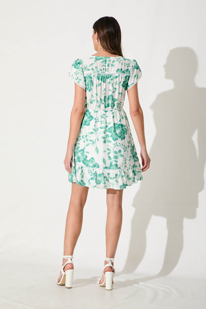 Cleodora Midi Dress in White with Green Floral Cotton Blend