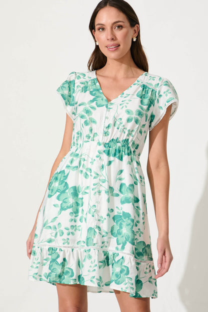 Cleodora Midi Dress in White with Green Floral Cotton Blend