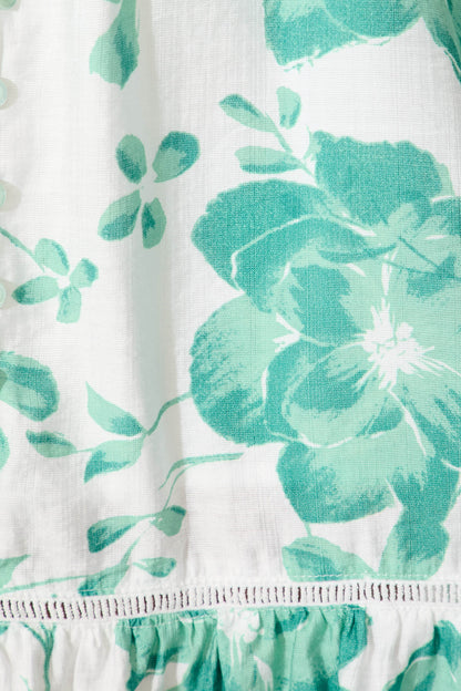 Cleodora Midi Dress in White with Green Floral Cotton Blend