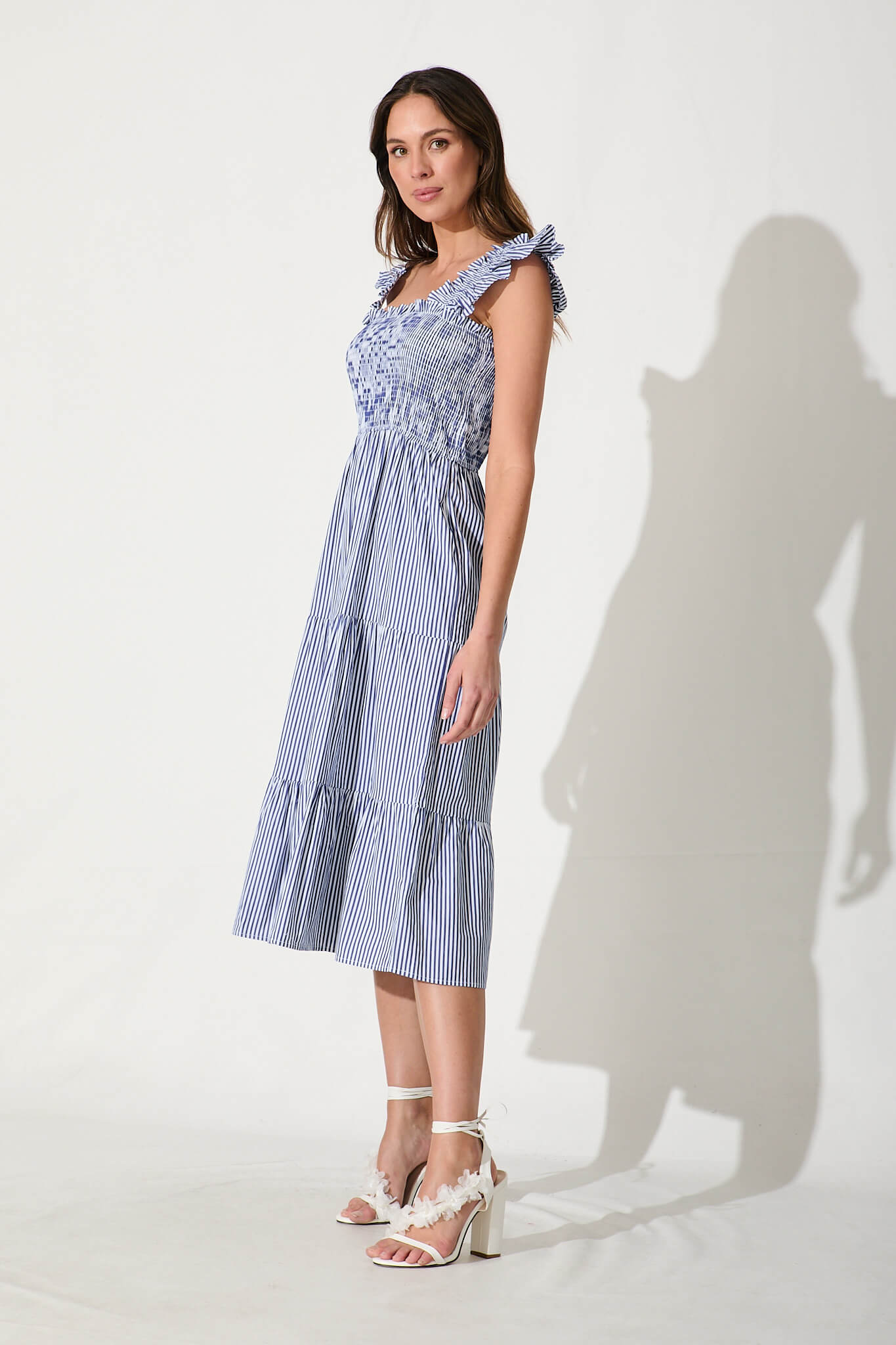 Stassi Midi Dress In Blue And White Stripe Cotton