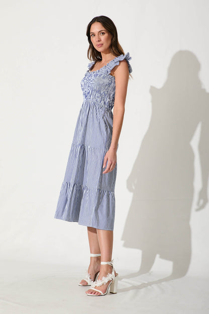 Stassi Midi Dress In Blue And White Stripe Cotton