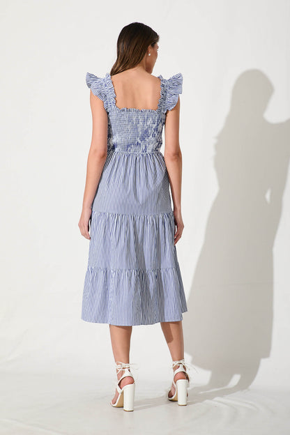 Stassi Midi Dress In Blue And White Stripe Cotton